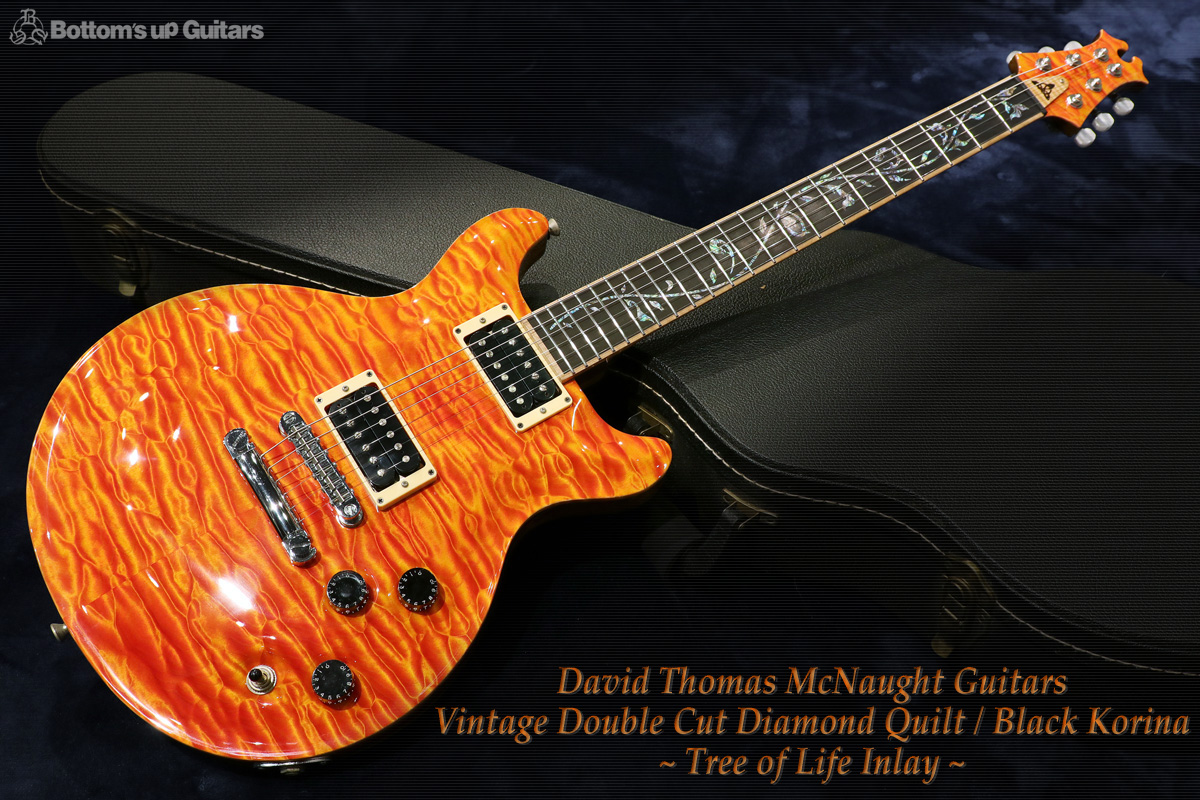 David Thomas McNaught DTM 正規品 マクノウト マクノート ハンドメイド オーダーメイド ダイアモンドグレード キルトメイプル セットスルーネック Set thru ステンレスフレット  正規輸入品  {BUG}  Vintage Double Cut Diamond Quilt Black Korina Tree of Life inlay 