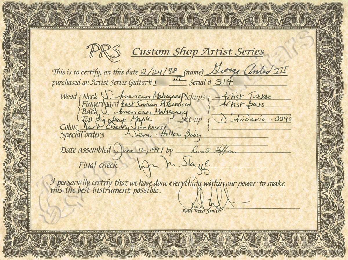 PRS Custom Shop 1997 Artist III Semi-Hollow LTD#156 ☆証明書有り 貴重なセミホロウオプション!!  Pre Private Stock PS プライベートストック