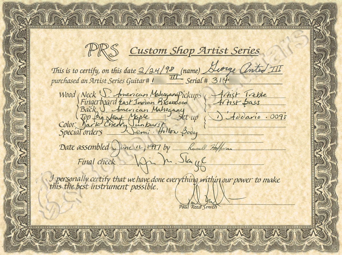 PRS Custom Shop 1997 Artist III Semi-Hollow LTD#156 ☆証明書有り 貴重なセミホロウオプション!!  Pre Private Stock PS プライベートストック