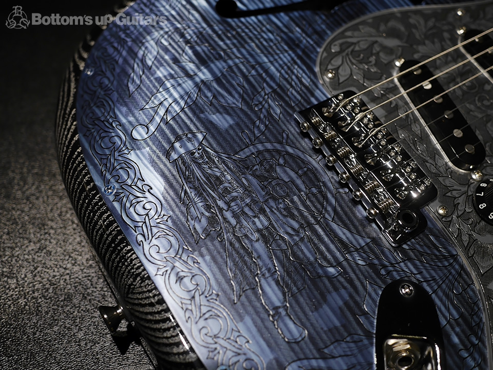 IHush Guitars STRATO PIRATE FIGURED -Light blue top / Black & Silver grain back- アイハッシュギターズ Zemaitis